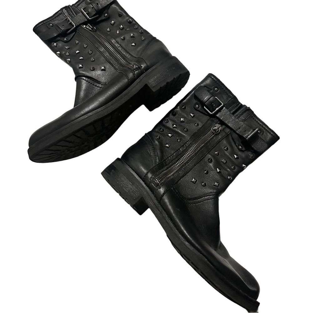 Geox Black Respira Virna Leather Plaid Lined Silver Spikes Moto Boots Sz 6 / 37